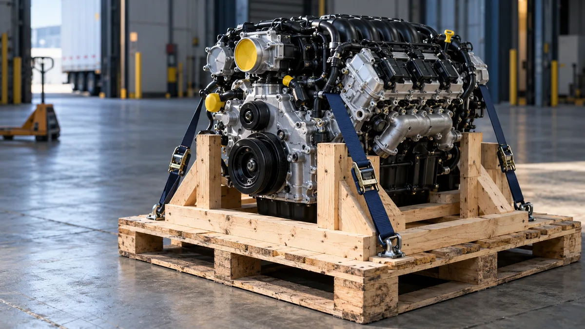 Illustrative automotive engine secured in a wooden cradle on a freight pallet at a commercial loading dock