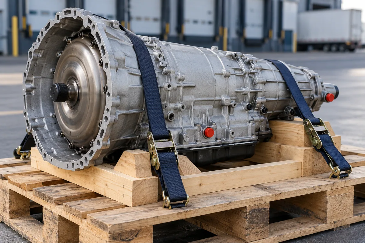 Illustrative transmission blocked and strapped to a wooden pallet in a commercial freight staging area